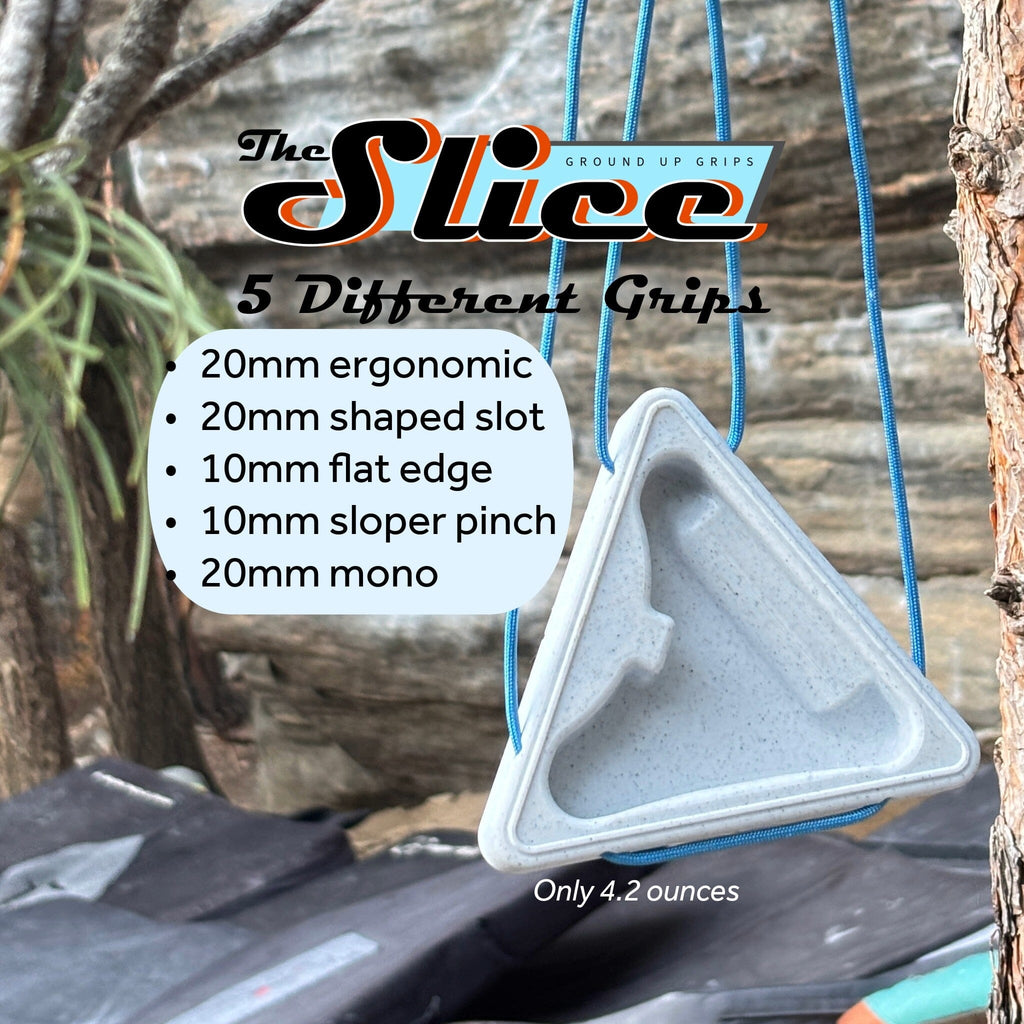 Triangle-shaped warm up block for climbing, hanging from a tree. Branded with The Slice logo and listed features.